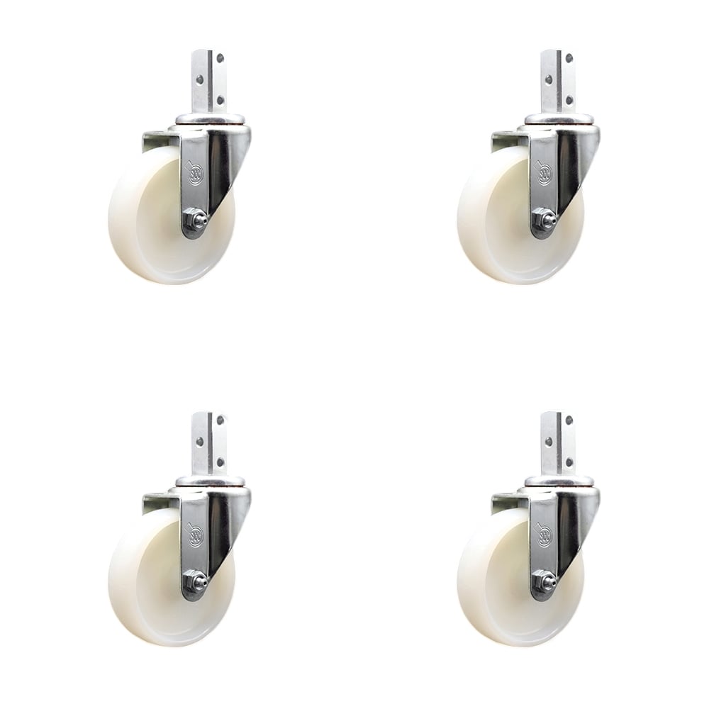 Swivel Square Stem Caster with 4 x 1.25 in. White Nylon Wheel, 0.87 x 2 in. Square Stem with 3 0.26 in. Diameter Mounting Holes - Set of 4