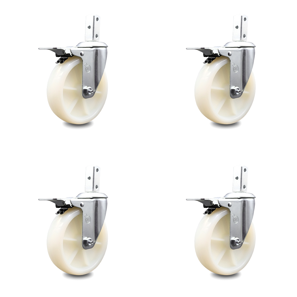 Swivel Square Stem Caster with 5 x 1.25 in. White Nylon Wheel, 0.75 x 2 in. Square Stem with 3 0.26 in. Diameter Mounting Holes - Set of 4