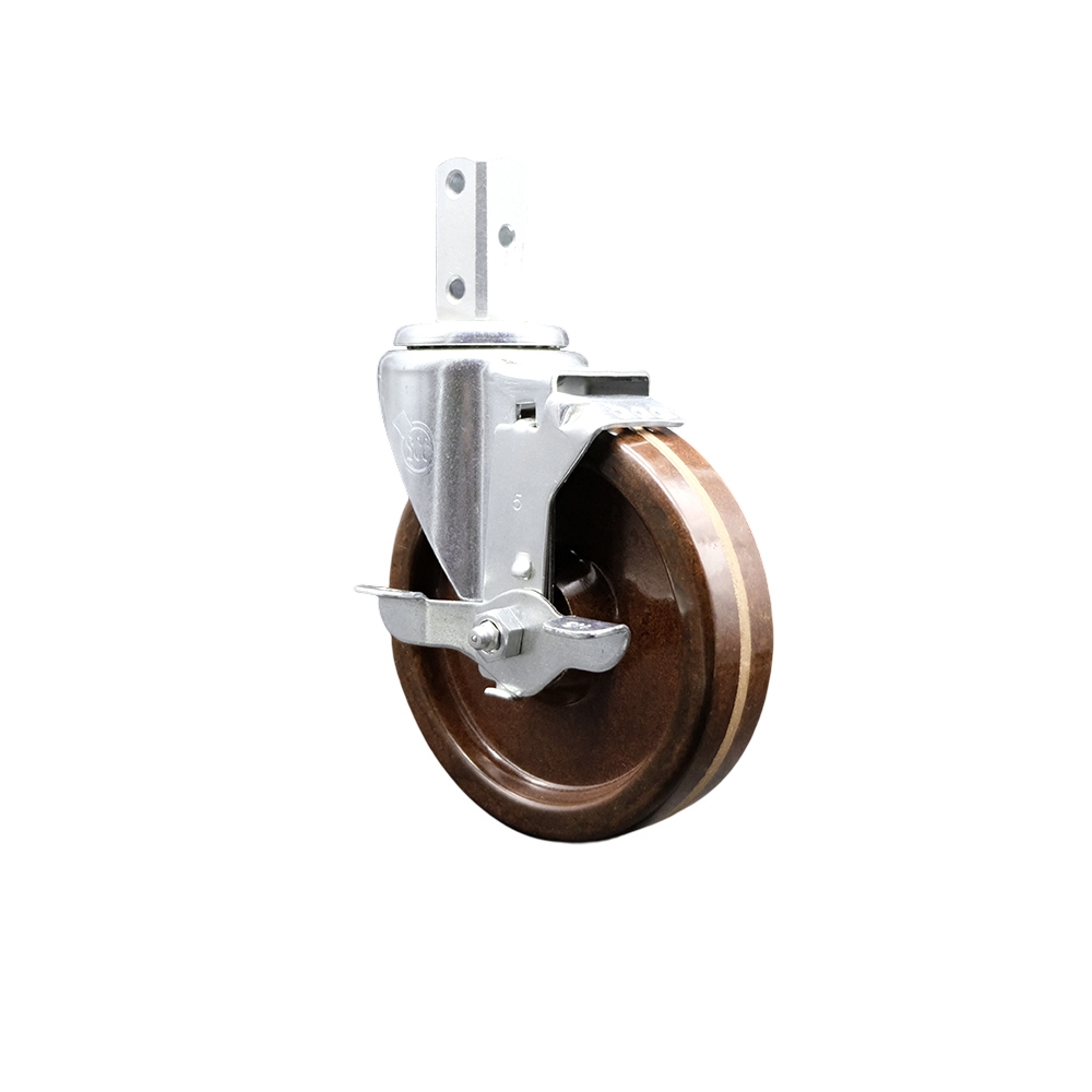 Swivel Square Stem Caster with 5 x 1.25 in. Brown High Temperature Phenolic Wheel, 0.87 x 2 in. Square Stem &Top Lock Brakes