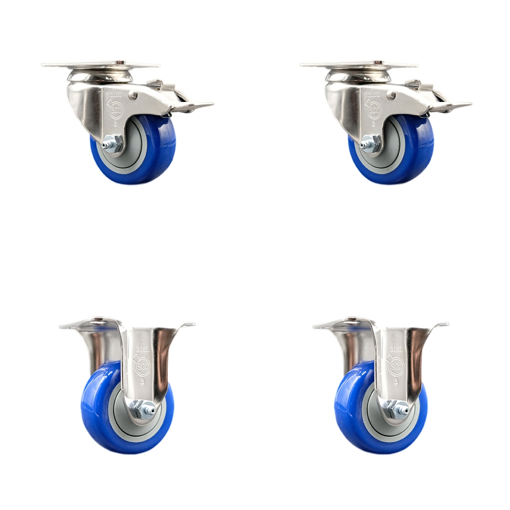 SCC-SS316TTL20S3514-PPUB-BLUE-2-R-2 Polyurethane Swivel Top Plate Caster with 3.5 in. 316 Stainless Steel Blue Wheels - Set of 4