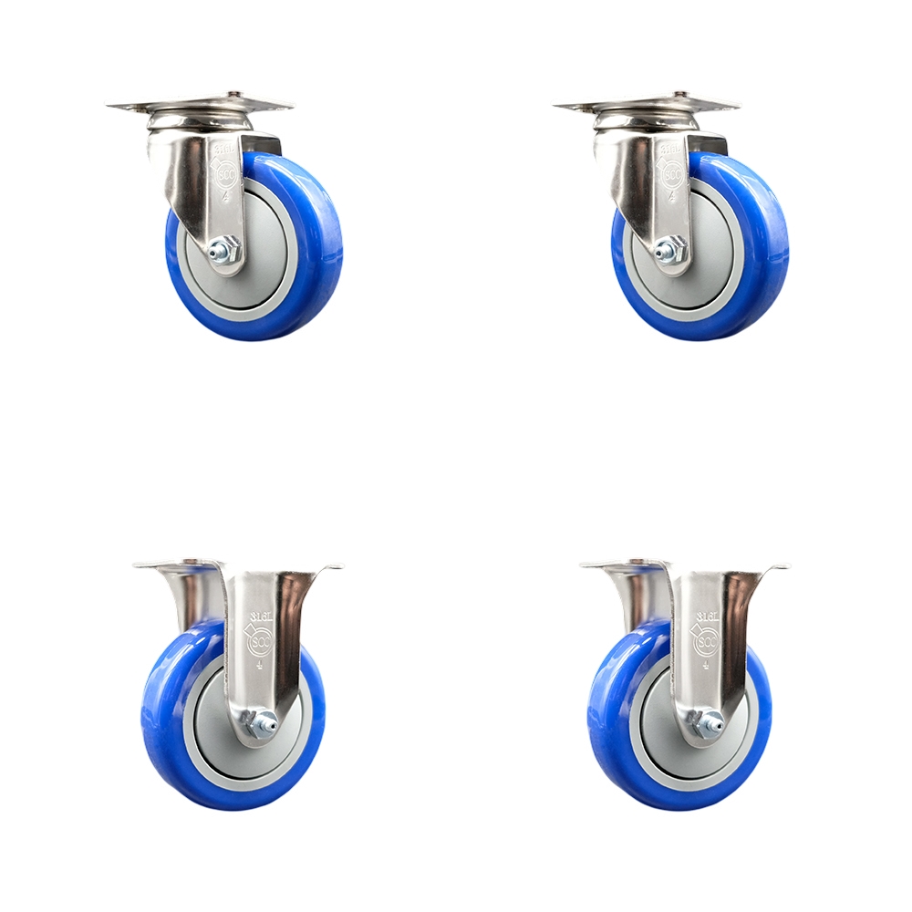 SCC-SS31620S414-PPUB-BLUE-2-R-2 Polyurethane Swivel Top Plate Caster with 4 in. 316 Stainless Steel Blue Wheels - Set of 4