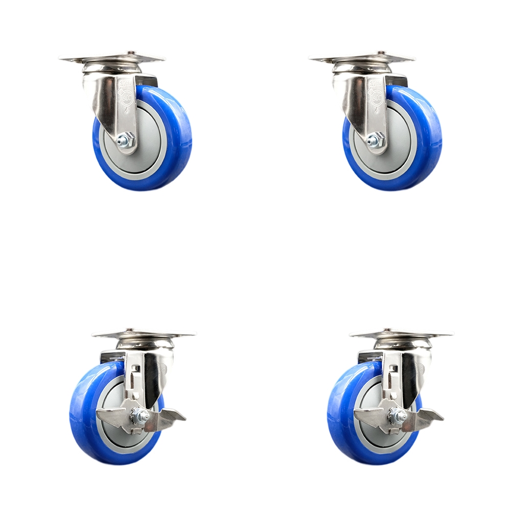 SCC-SS31620S414-PPUB-BLUE-2-TLB-2 Polyurethane Swivel Top Plate Caster with 4 in. 316 Stainless Steel Blue Wheels - Set of 4