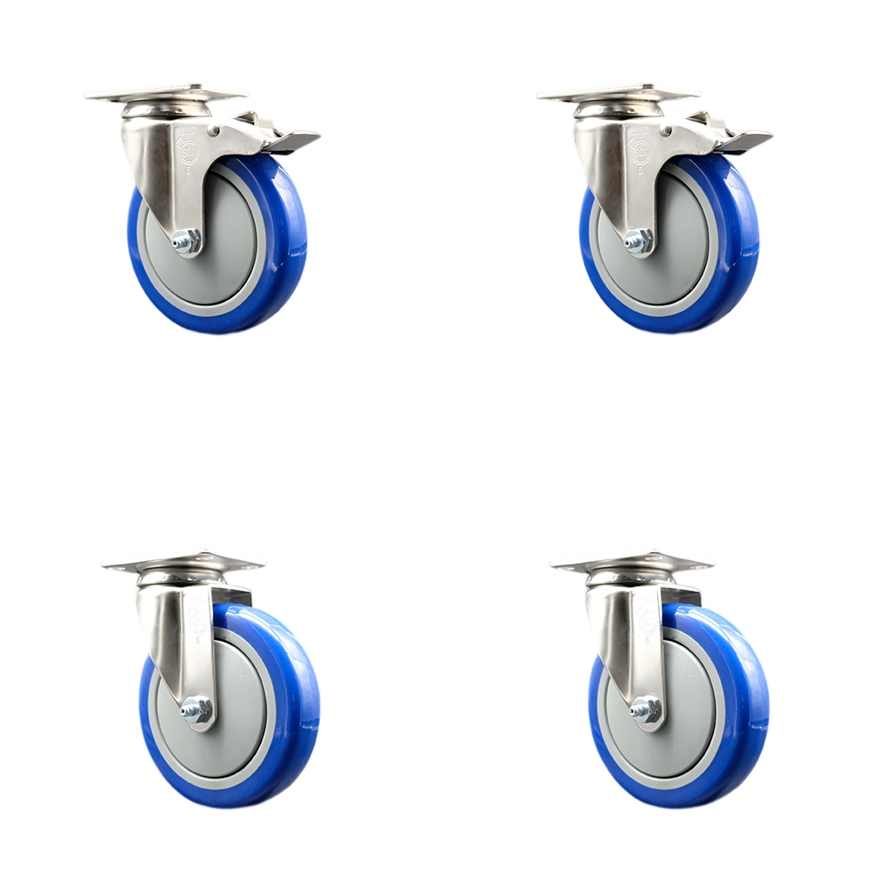 SCC-SS316TTL20S514-PPUB-BLUE-2-S-2 Polyurethane Swivel Top Plate Caster with 5 in. 316 Stainless Steel Blue Wheels - Set of 4