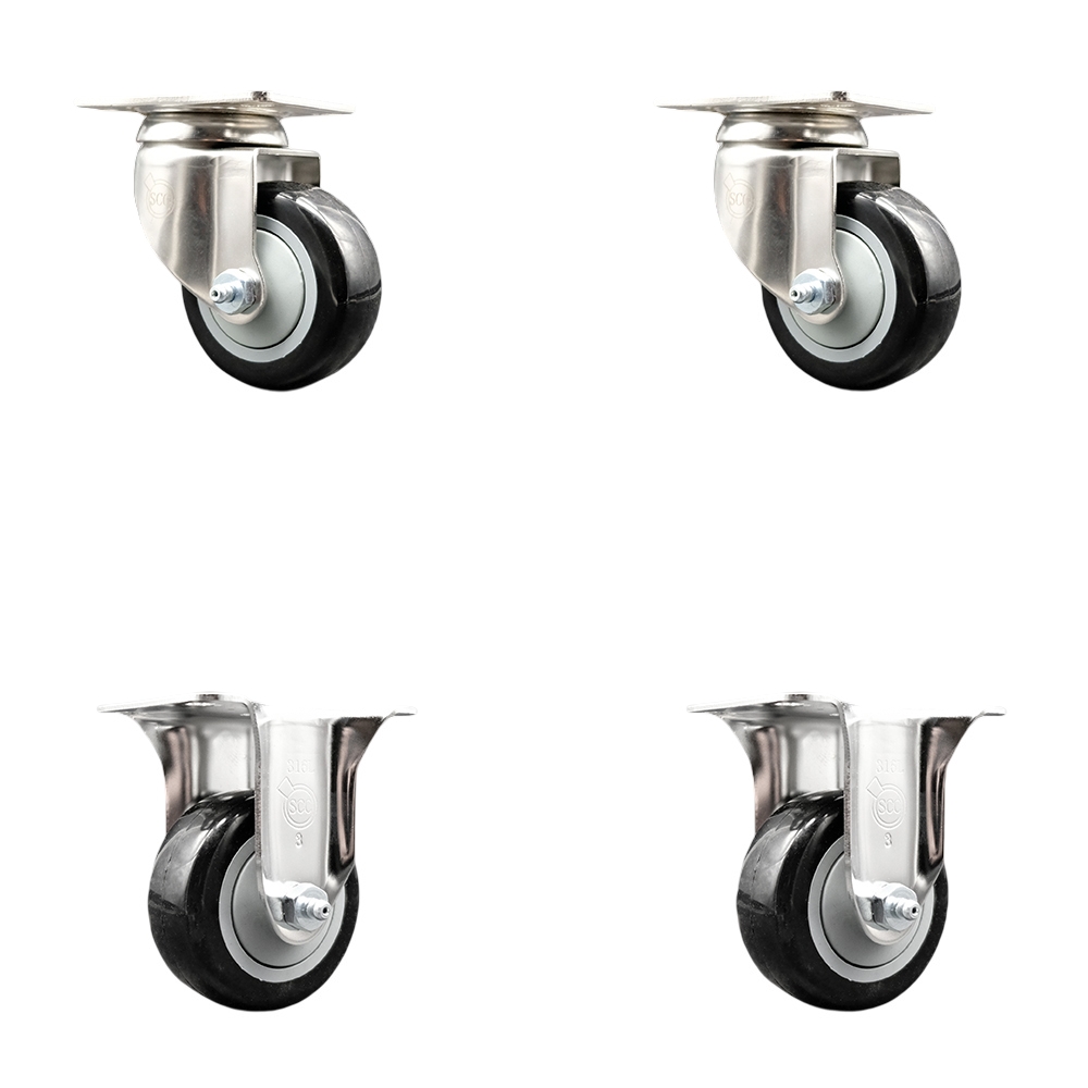 SCC-SS31620S314-PPUB-BLK-2-R-2 Polyurethane Swivel Top Plate Caster with 3 in. 316 Stainless Steel Black Wheels - Set of 4