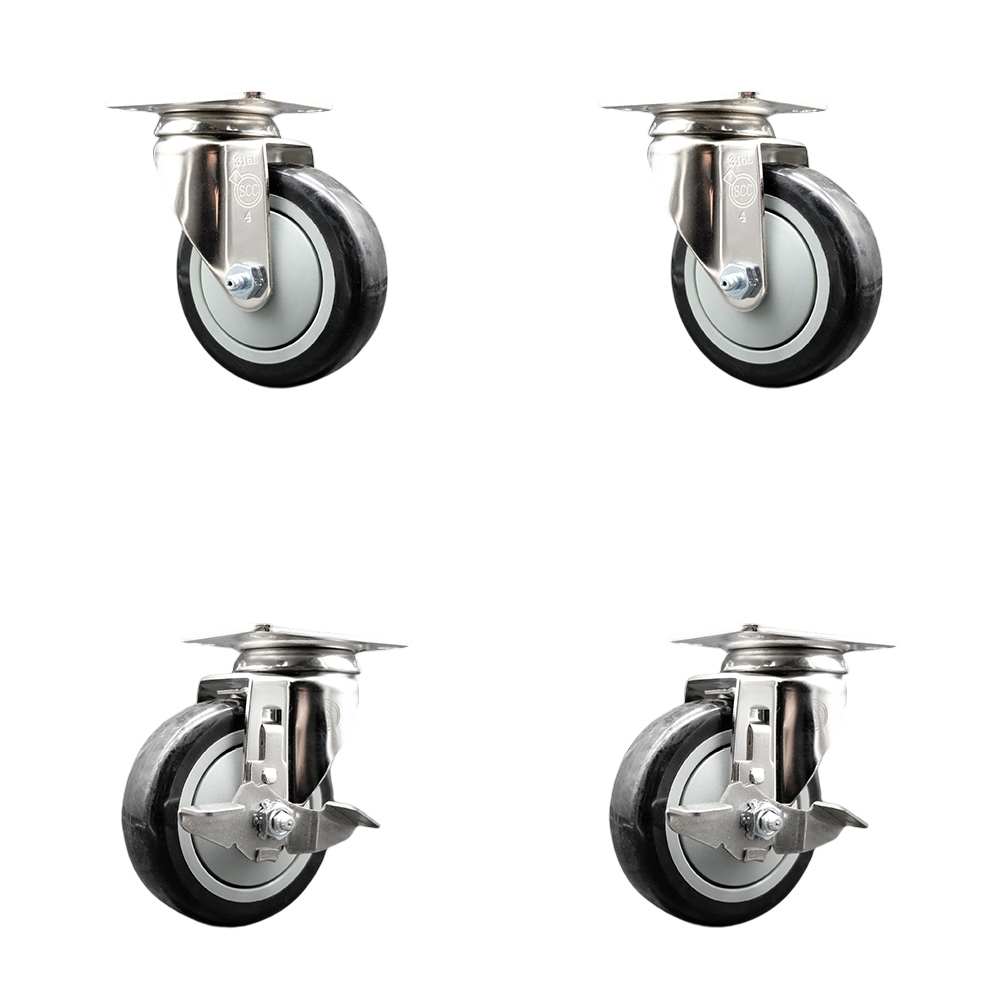 SCC-SS31620S414-PPUB-BLK-2-TLB-2 Polyurethane Swivel Top Plate Caster with 4 in. 316 Stainless Steel Black Wheels - Set of 4