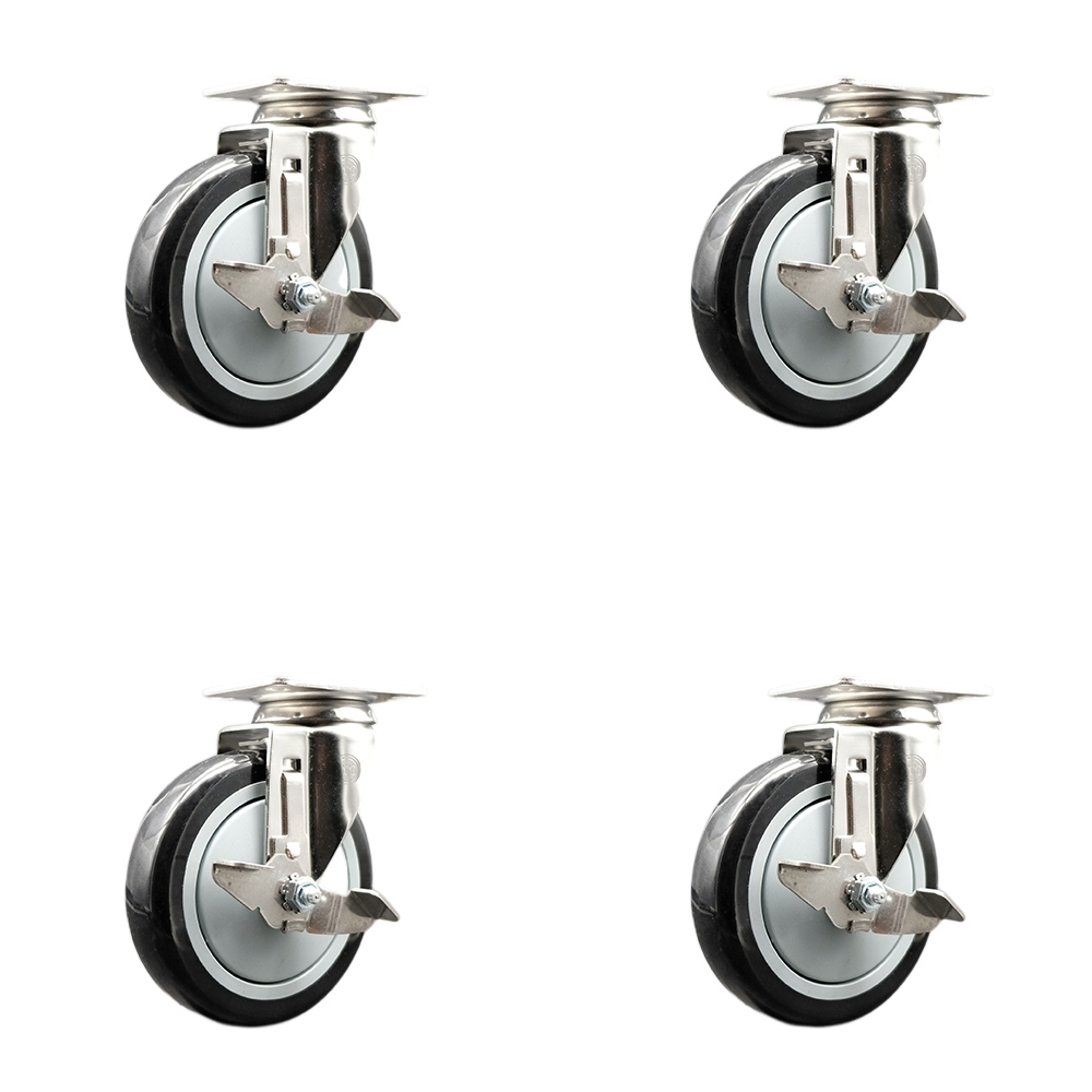 SCC-SS31620S514-PPUB-BLK-TLB-4 Polyurethane Swivel Top Plate Caster with 5 in. 316 Stainless Steel Black Wheels - Set of 4