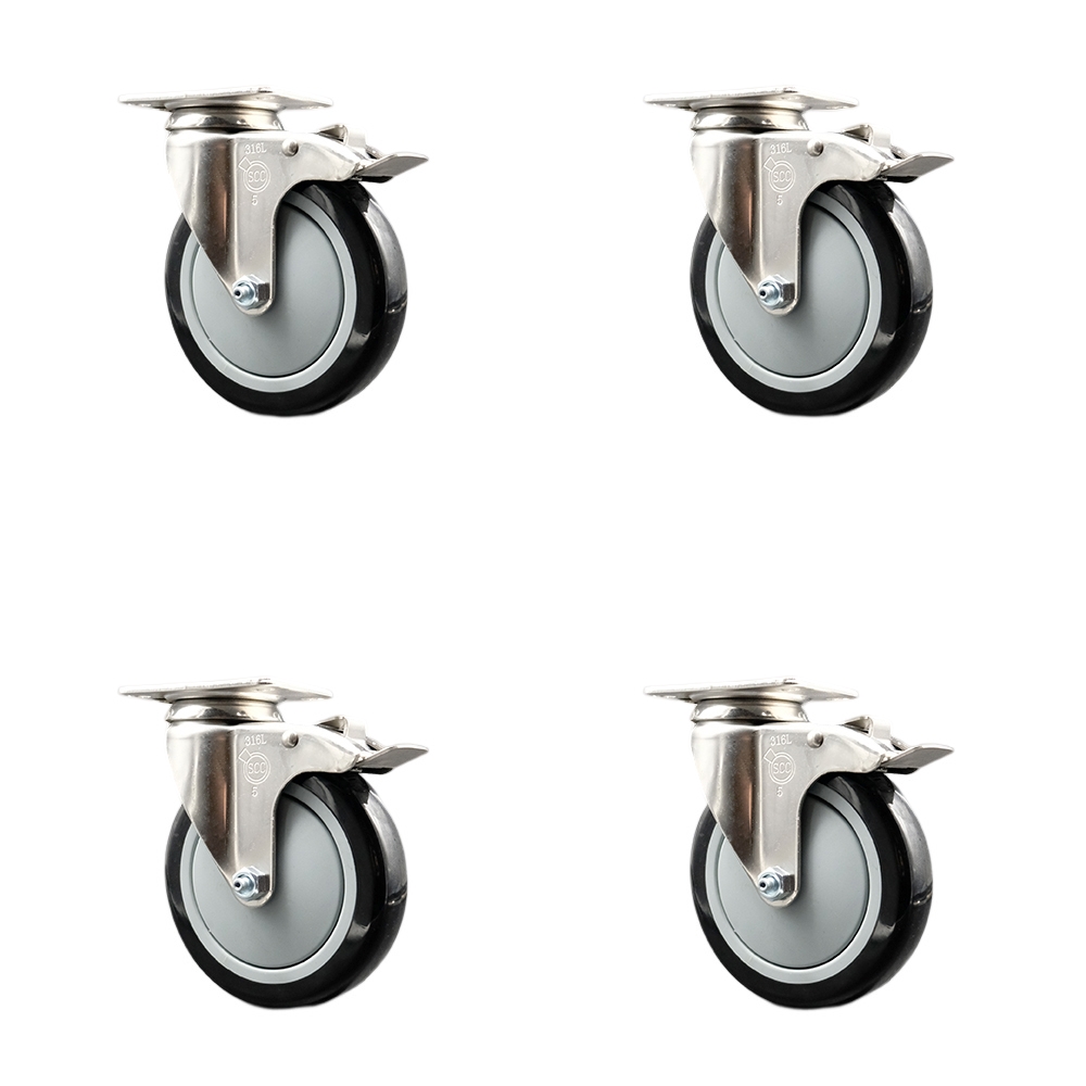 SCC-SS316TTL20S514-PPUB-BLK-4 Polyurethane Swivel Top Plate Caster with 5 in. 316 Stainless Steel Black Wheels - Set of 4