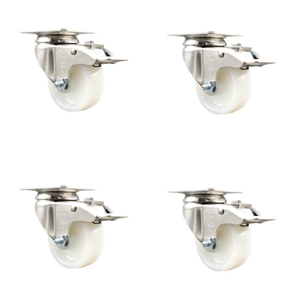 SCC-SS316TTL20S314-NYS-4 Nylon Swivel Top Plate Caster with 3 in. White Caster Wheels - 316 Stainless Steel Casters - Set of 4