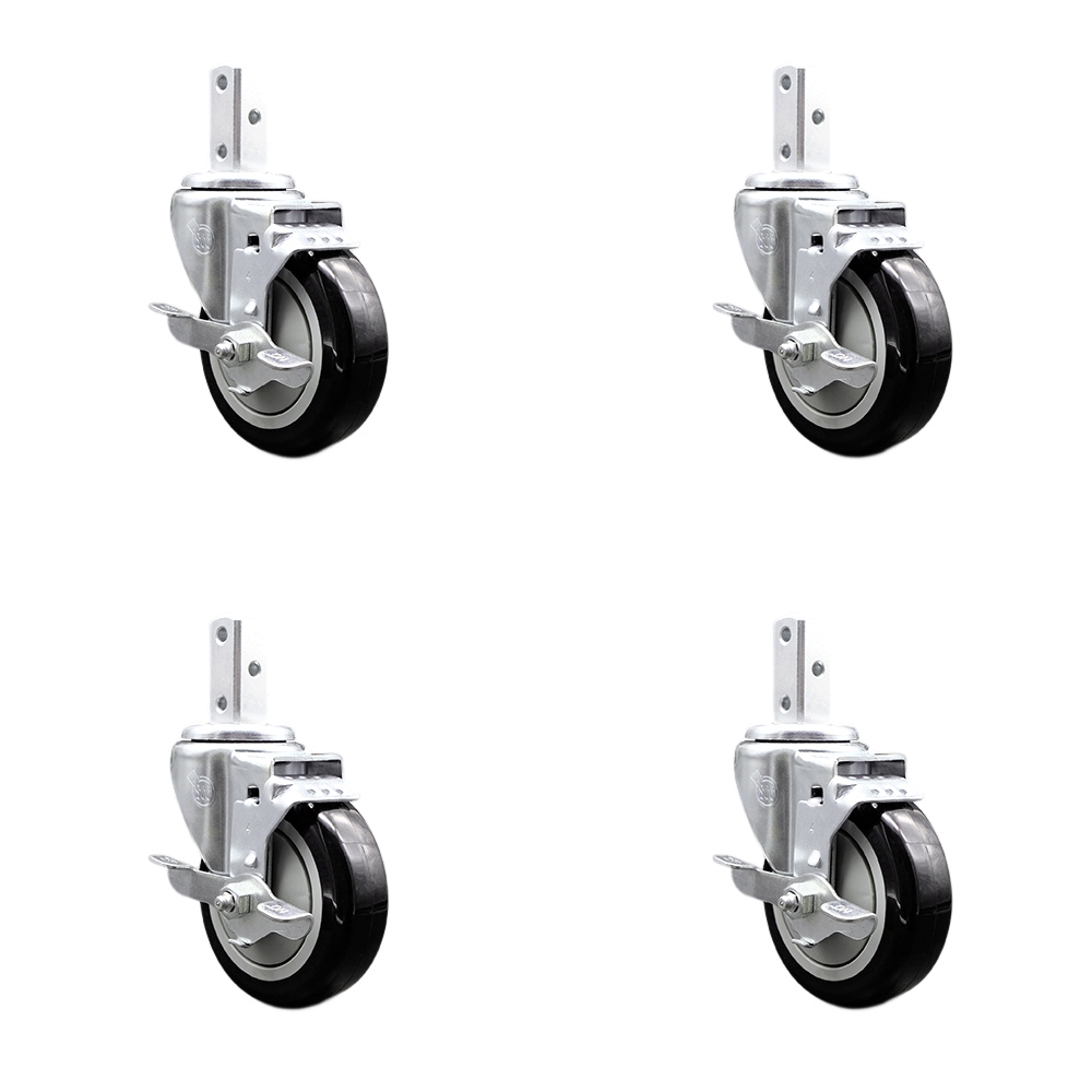 Swivel Square Stem Caster with 4 x 1.25 in. Black Poly Wheel, 0.75 x 2 in. Square Stem with 3 0.26 in. Diameter Mounting Holes - Set of 4
