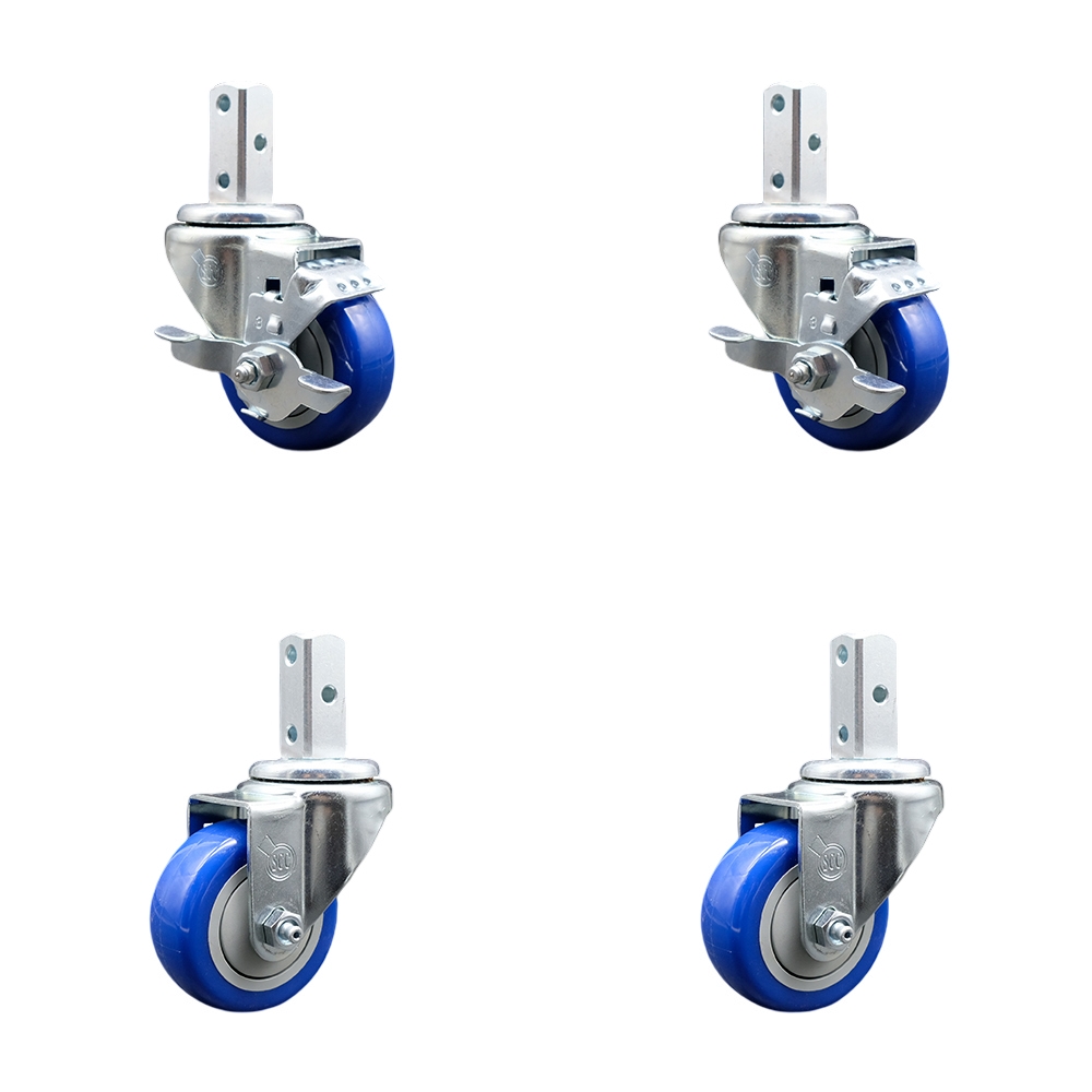 Swivel Square Stem Caster with 3 x 1.25 in. Blue Poly Wheel, 0.75 x 2 in. Square Stem with 3 0.26 in. Diameter Mounting Holes - Set of 4