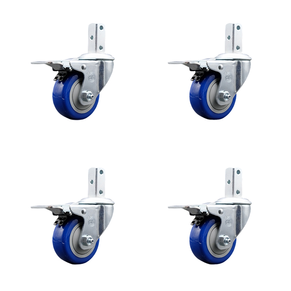 Swivel Square Stem Caster with 3.5 x 1.25 in. Blue Poly Wheel, 0.75 x 2 in. Square Stem with 3 0.26 in. Diameter Mounting Holes - Set of 4
