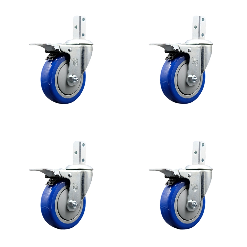 Swivel Square Stem Caster with 4 x 1.25 in. Blue Poly Wheel, 0.87 x 2 in. Square Stem with 3 0.26 in. Diameter Mounting Holes - Set of 4