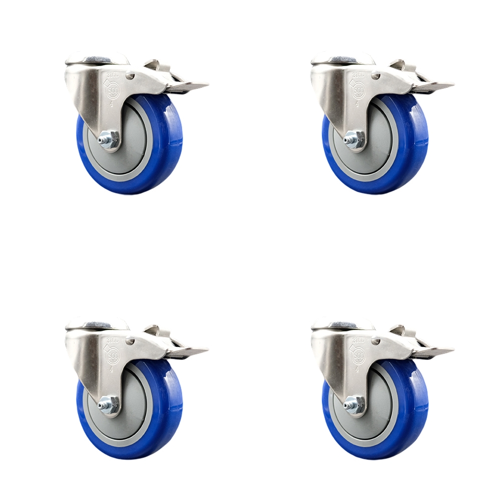 SCC-SS316BHTTL20S414-PPUB-BLUE-4 Polyurethane Swivel Bolt Hole Caster with 4 in. Blue Caster Wheels - 316 Stainless Steel Caster - Set of 4