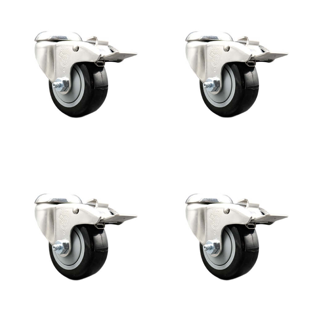SCC-SS316BHTTL20S314-PPUB-BLK-4 Polyurethane Swivel Bolt Hole Caster with 3 in. Black Caster Wheels 316 Stainless Steel Caster - Set of 4