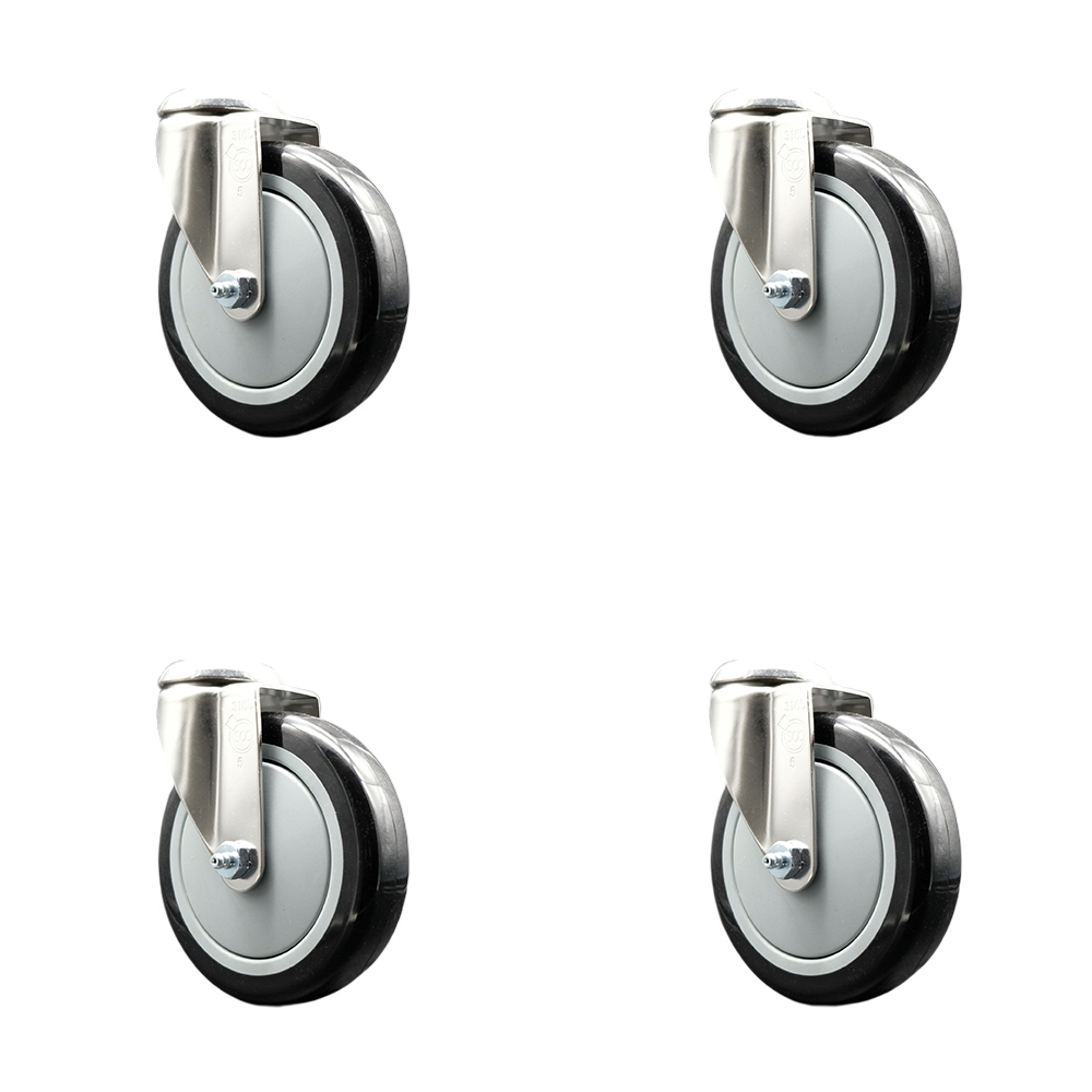 SCC-SS316BH20S514-PPUB-BLK-4 Polyurethane Swivel Bolt Hole Caster with 5 in. Black Caster Wheels 316 Stainless Steel Casters - Set of 4