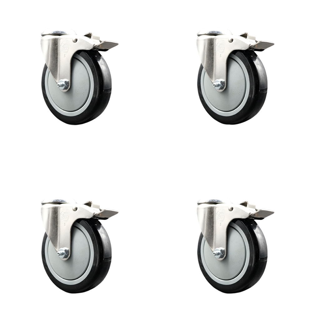 SCC-SS316BHTTL20S514-PPUB-BLK-4 Polyurethane Swivel Bolt Hole Caster with 5 in. Black Caster Wheels 316 Stainless Steel Caster - Set of 4