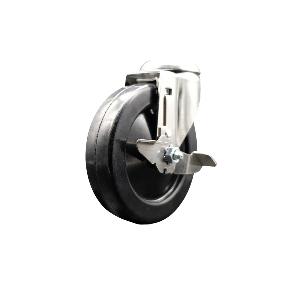 SCC-SS316BH20S514-HRS-TLB Hard Rubber Swivel Bolt Hole Caster with 5 in. Black Caster Wheel & Top Lock Brake - 316 Stainless Steel Caster