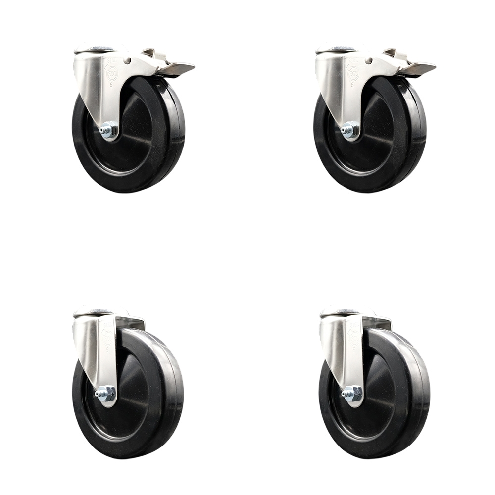 SCC-SS316BHTTL20S514-HRS-2-S-2 Hard Rubber Swivel Bolt Hole Caster with 5 in. Black Caster Wheels - 316 Stainless Steel Casters - Set of 4