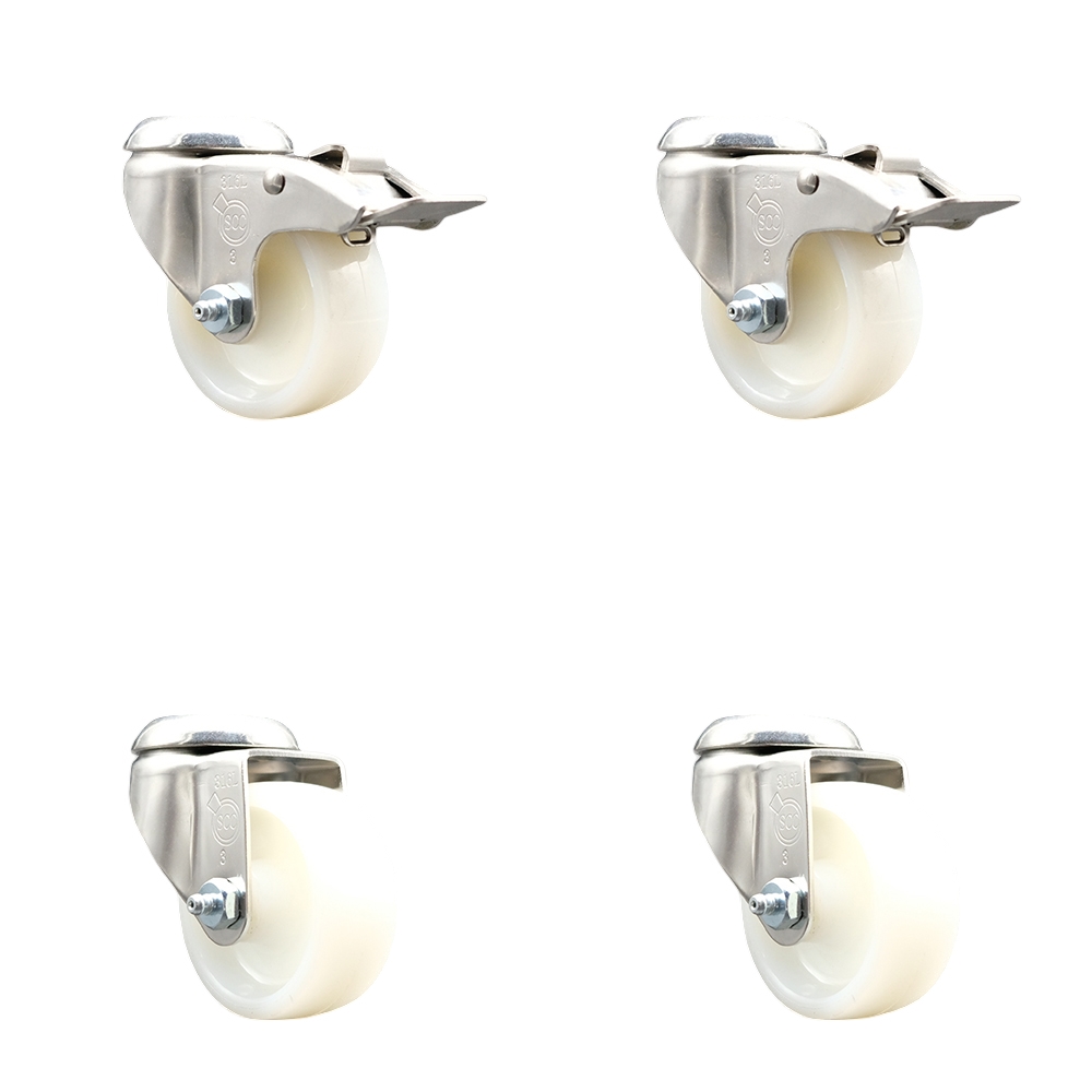SCC-SS316BHTTL20S314-NYS-2-S-2 Nylon Swivel Bolt Hole Caster with 3 in. White Caster Wheels - 316 Stainless Steel Casters - Set of 4