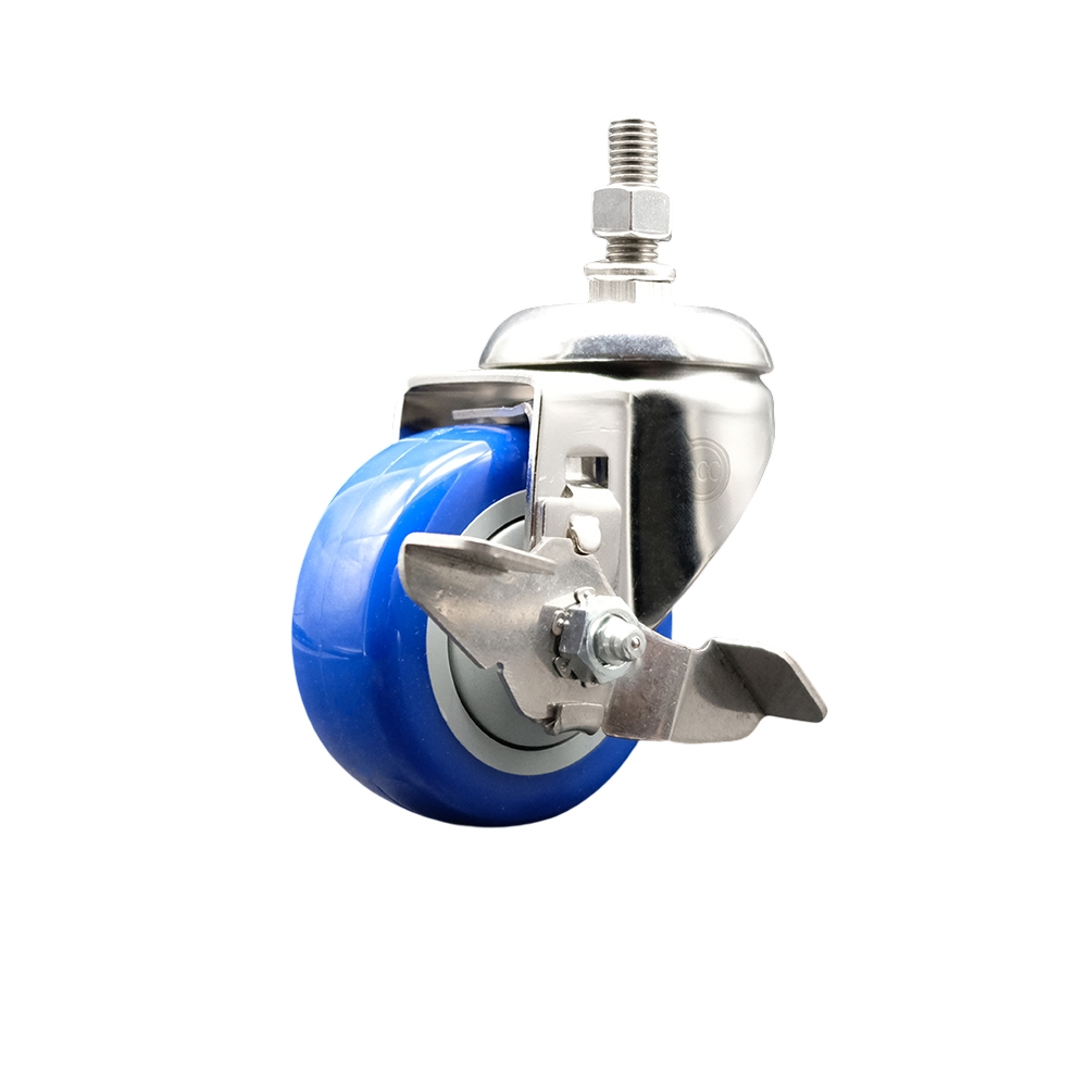 Polyurethane Swivel Stem Caster with 3.5 in. Blue Caster Wheels & Top Lock Brake, 0.5 in. Threaded Stem - 316 Stainless Steel Caster