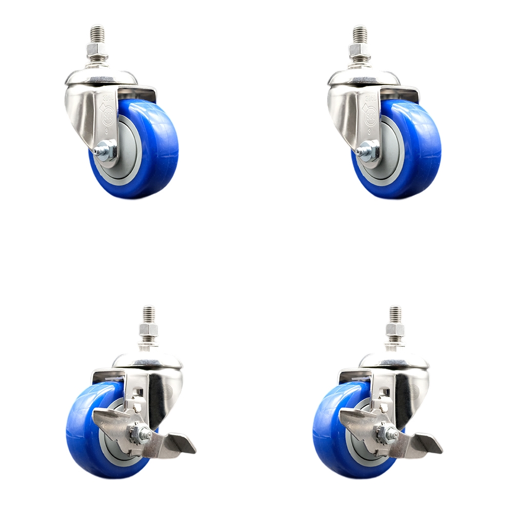 Poly Swivel Stem Caster with 3.5 in. Blue Caster Wheels, 0.5 in. Threaded Stems - 316 Stainless Steel Casters - Set of 4