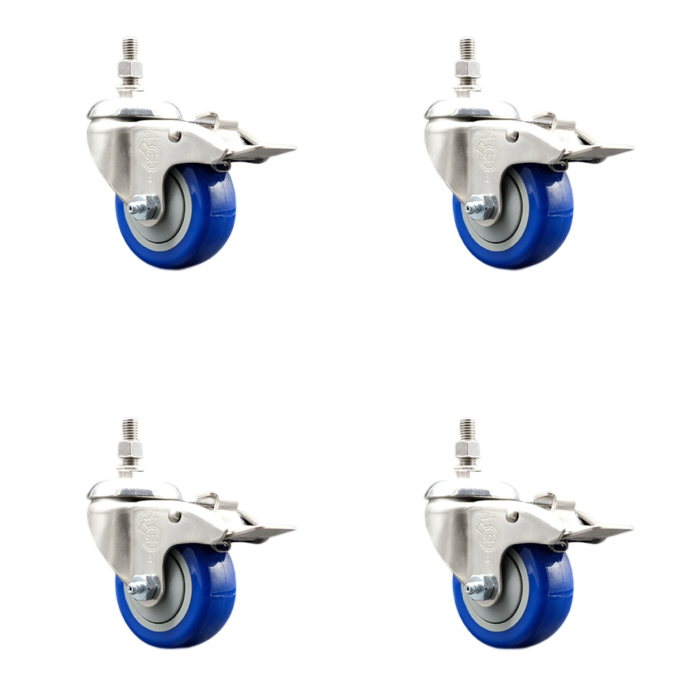 Polyurethane Swivel Stem Caster with 3.5 in. Blue Caster Wheels 10 mm Threaded Stems - 316 Stainless Steel Casters - Set of 4