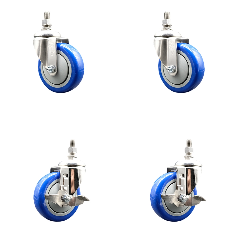 Poly Swivel Stem Caster with 4 in. Blue Caster Wheels, 10 mm Threaded Stems - 316 Stainless Steel Casters - Set of 4