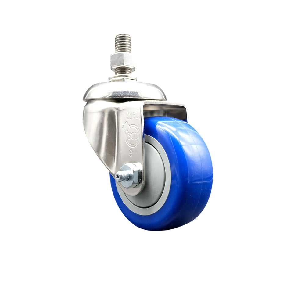 SCC-SS316TS20S314-PPUB-BLUE-M1215 Polyurethane Swivel Stem Caster with 3 in. Blue Caster Wheels, 12 mm Threaded Stem - 316 Stainless Steel Caster