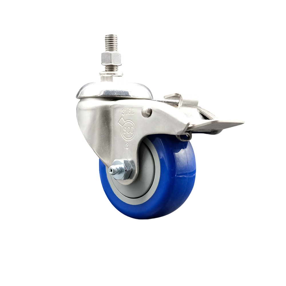 Polyurethane Swivel Stem Caster with 3.5 in. Blue Caster Wheels & Total Lock Brake, 12 mm Threaded Stem - 316 Stainless Steel Caster
