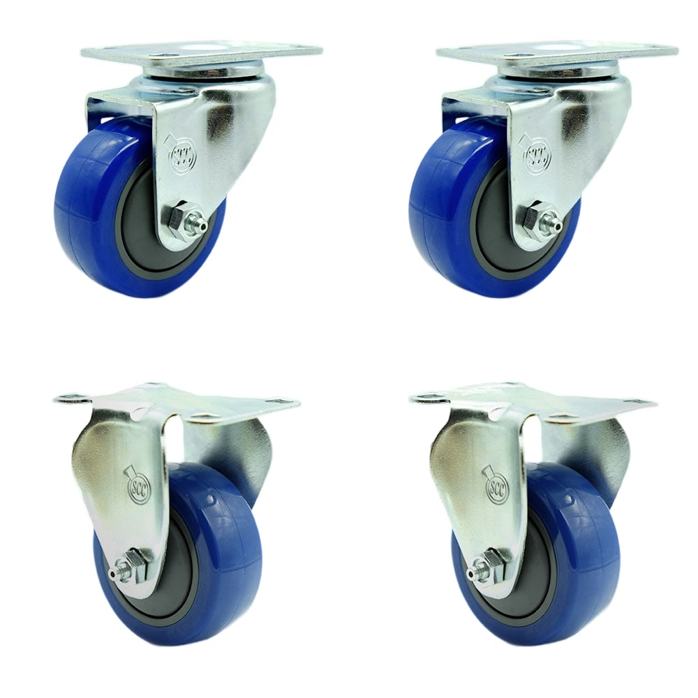 SCC-SS20S314-PPUB-BLUE-2-R314-2 Stainless Steel Polyurethane Swivel Top Plate Caster with 3 x 1.25 in. Blue Wheels - Set of 4