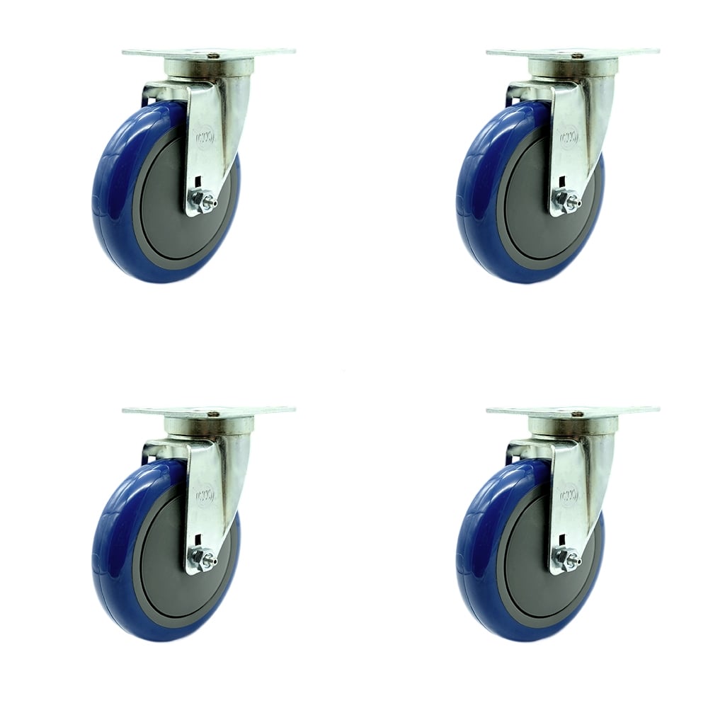 SCC-20S514-PPUB-BLUE-TPU1-4 Universal Kitchen Casters 5 in. Non Marking Blue Polyurethane Wheel 4 Swivel Casters - Set of 4
