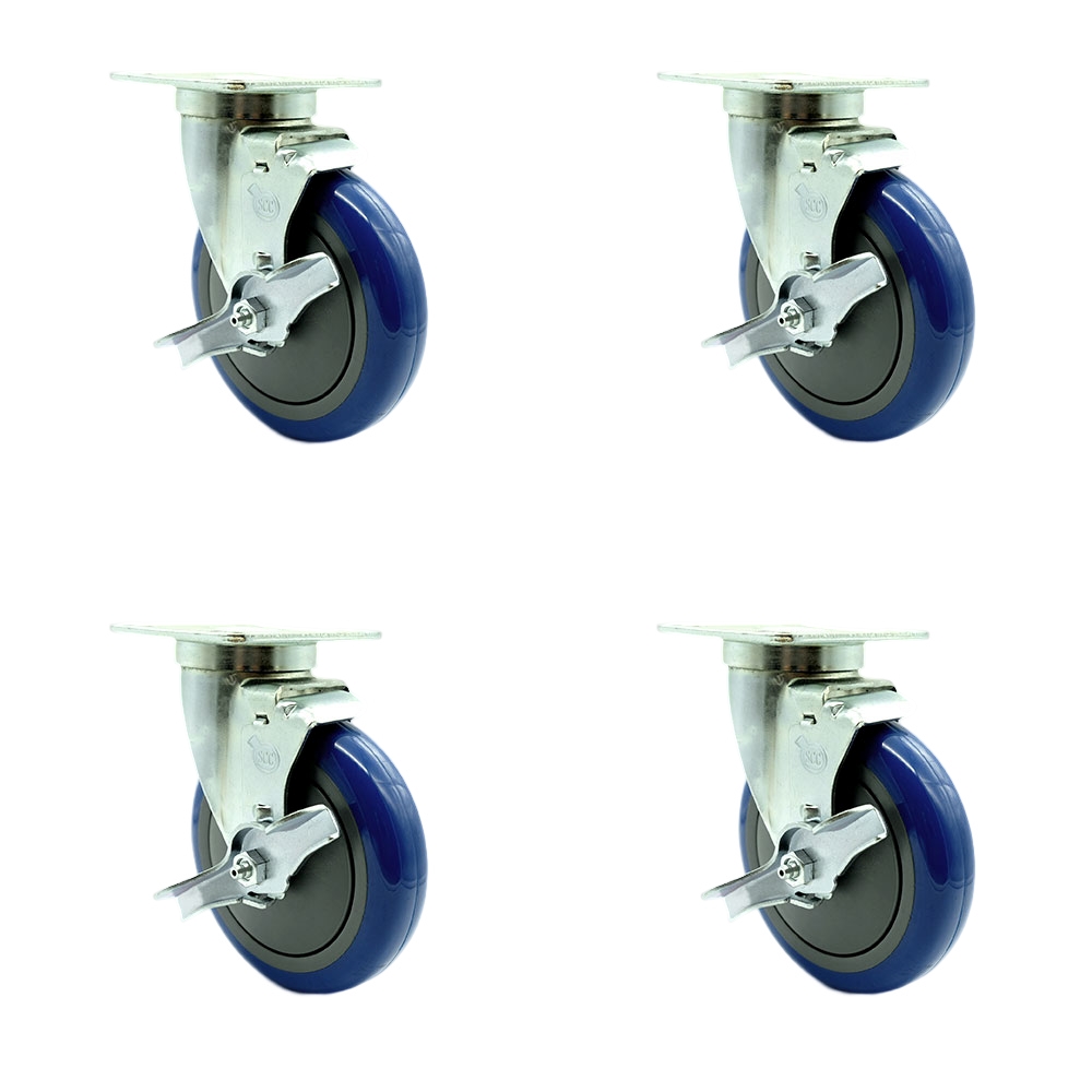 SCC-20S514-PPUB-BLUE-TLB-TPU1-4 Universal Kitchen Casters 5 in. Non Marking Polyurethane Wheel 4 Swivel Casters with Brakes - Set of 4