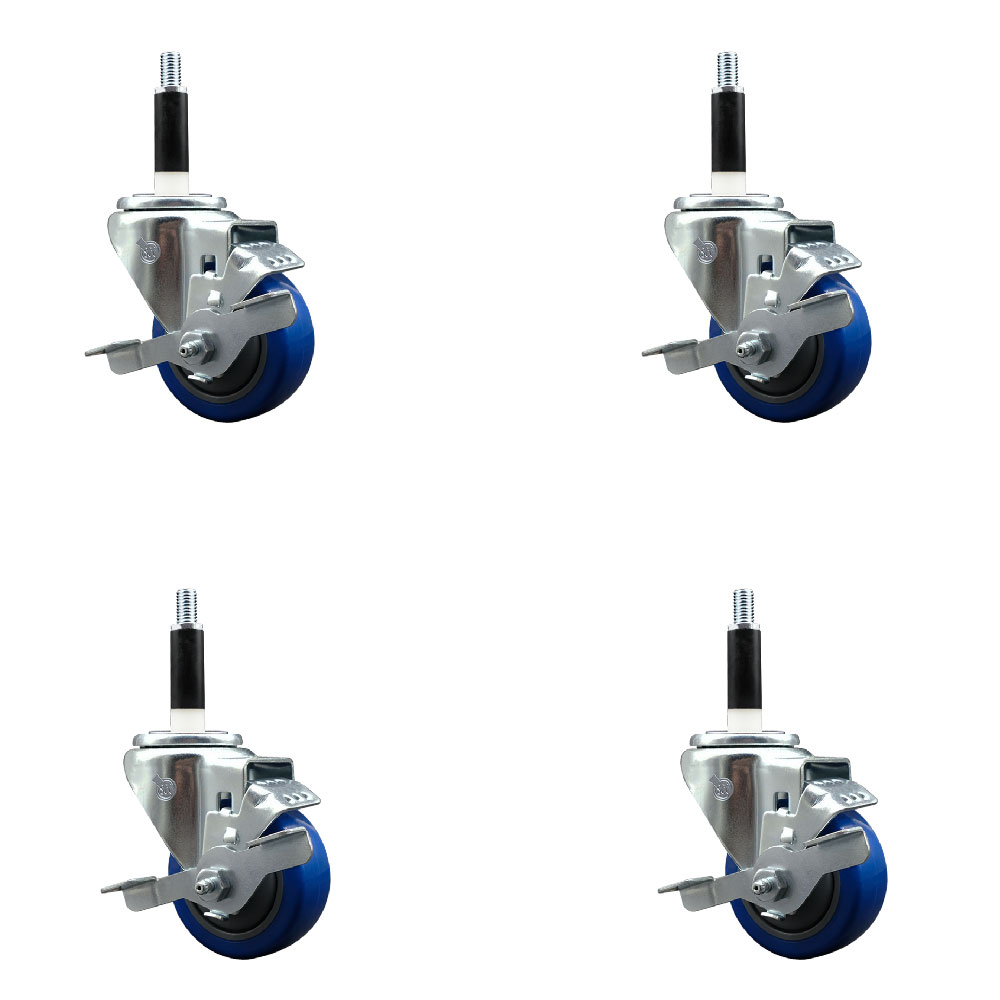 Stainless Steel Polyurethane Swivel Expanding Stem Caster with 3 in. Blue Wheels & 0.87 in. Stems 4 Swivel with Top Locking Brakes - Set of 4