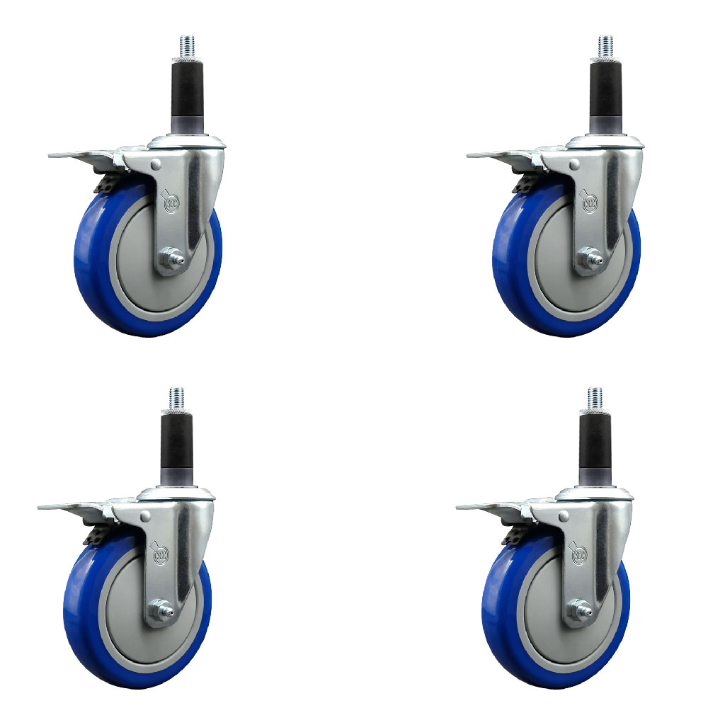 Stainless Steel Polyurethane Swivel Expanding Stem Caster with 5 in. Blue Wheels & 1.13 in. Stems 4 Swivel with Total Locking Brakes - Set of 4