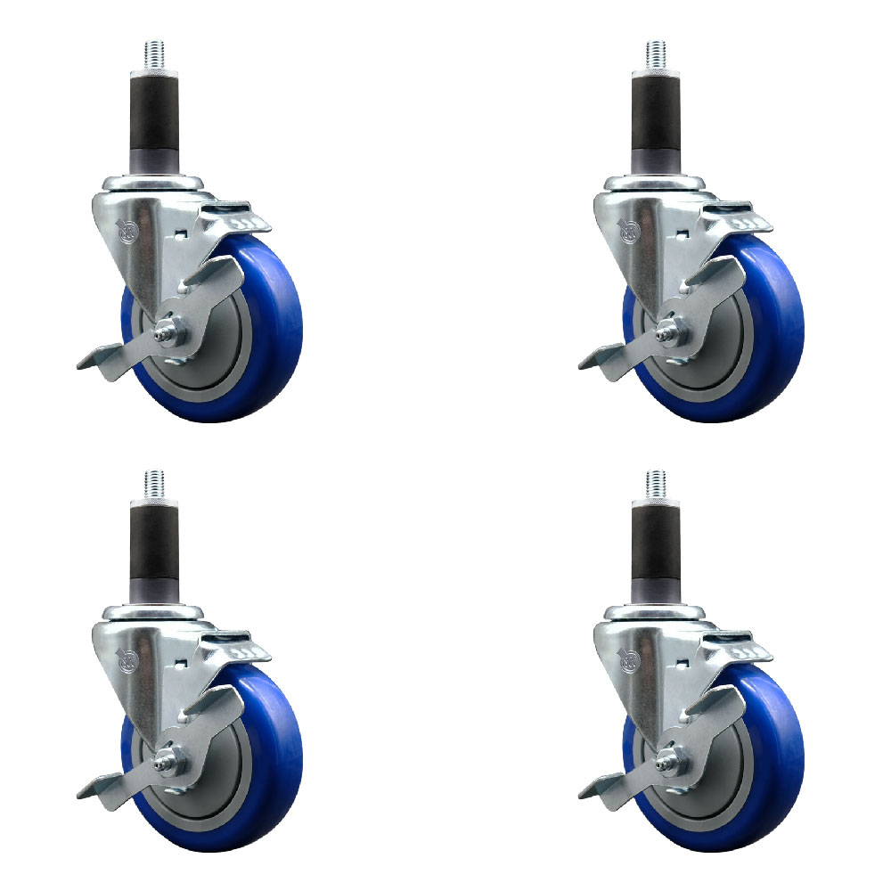 Stainless Steel Polyurethane Swivel Expanding Stem Caster with 4 in. Blue Wheels & 1.25 in. Stems 4 Swivel with Top Locking Brakes - Set of 4