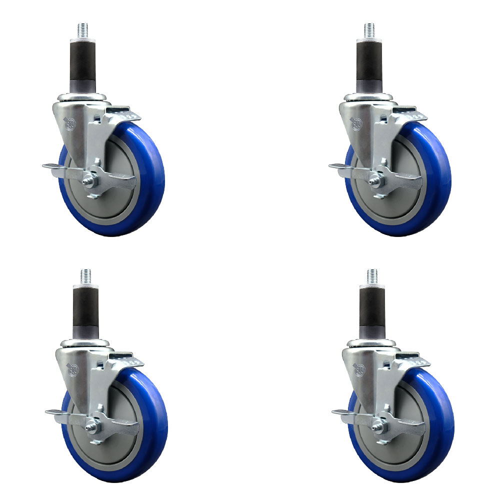 Stainless Steel Polyurethane Swivel Expanding Stem Caster with 5 in. Blue Wheels & 1.25 in. Stems 4 Swivel with Top Locking Brakes - Set of 4