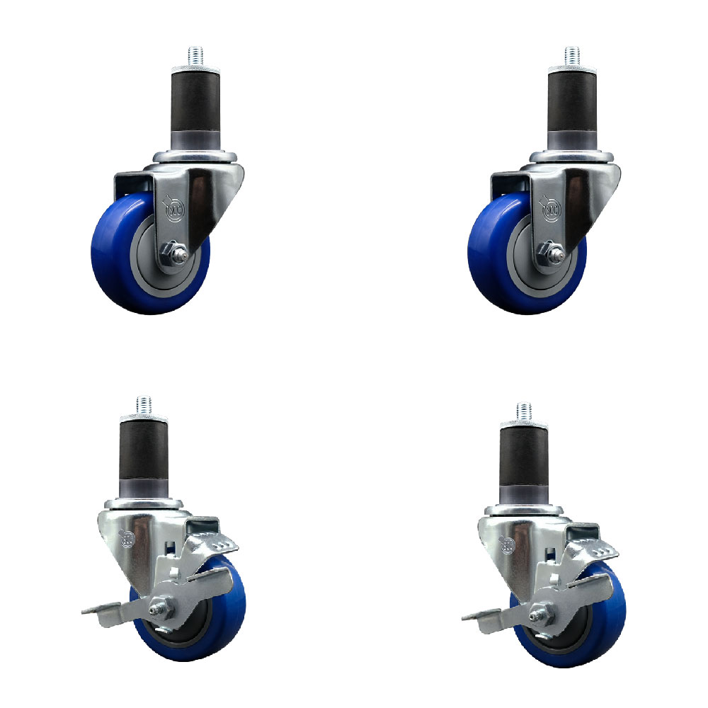 SCC-SSEX20S314-PPUB-BLUE-2-TLB-2-158 Stainless Steel Polyurethane Swivel Expanding Stem Caster with 3 in. Blue Wheels & 1.63 in. Stems - Set of 4