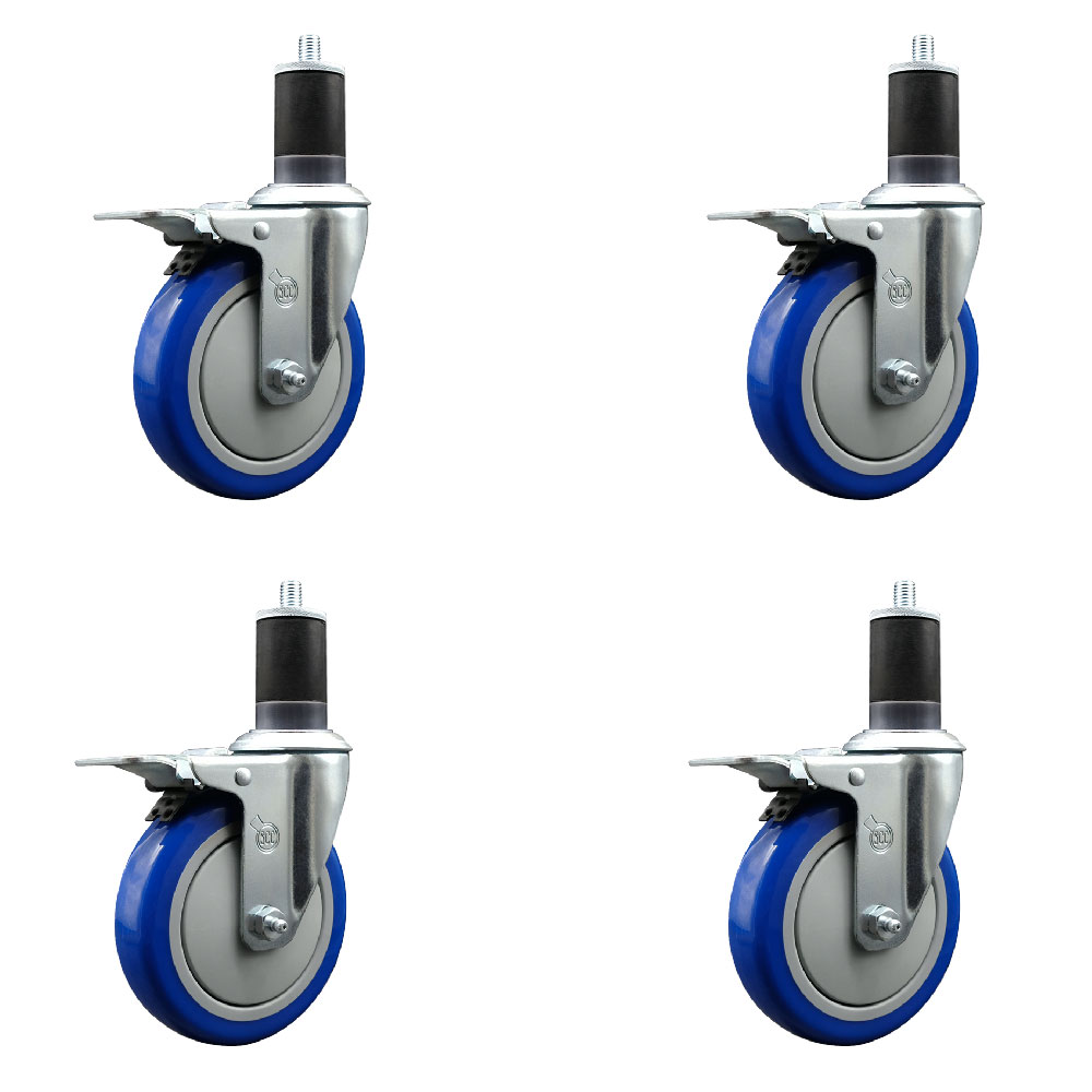Stainless Steel Polyurethane Swivel Expanding Stem Caster with 5 in. Blue Wheels & 1.63 in. Stems 4 Swivel with Total Locking Brakes - Set of 4