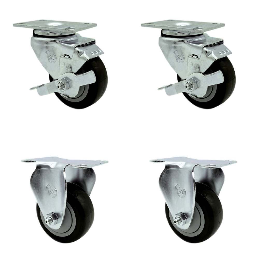 SCC-20S314-PPUB-BLK-TLB-2-R314-2 Polyurethane Swivel Top Plate Caster with 3 in. Black Wheels - Set of 4