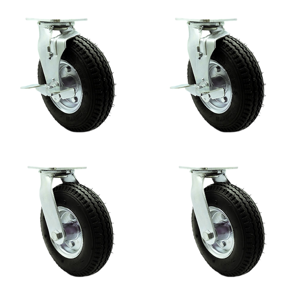 SCC-100S280-PNB-TLB-BSL-2-BSL-2 8 in. Swivel Pneumatic Rubber Wheel Casters, Black - Set of 4