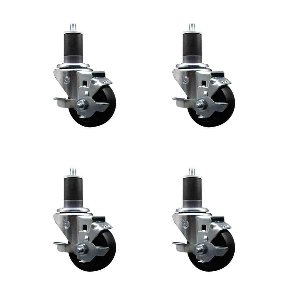 SCC-SSEX20S314-HRS-TLB-158-4 Stainless Steel Hard Rubber Swivel Expanding Stem Caster with 3 x 1.25 in. Black Wheels & 1.63 in. Stems - Set of 4