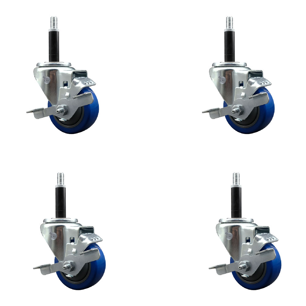 Stainless Steel Polyurethane Swivel Expanding Stem Caster with 3 in. Blue Wheels & 0.75 in. Stems 4 Swivel with Top Locking Brakes - Set of 4