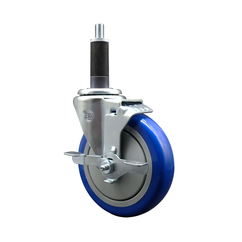 SCC-SSEX20S514-PPUB-BLUE-TLB-1 Stainless Steel Polyurethane Expanding Stem Swivel Caster with 5 in. Blue Wheel & 1 in. Stem & Top Locking Brake