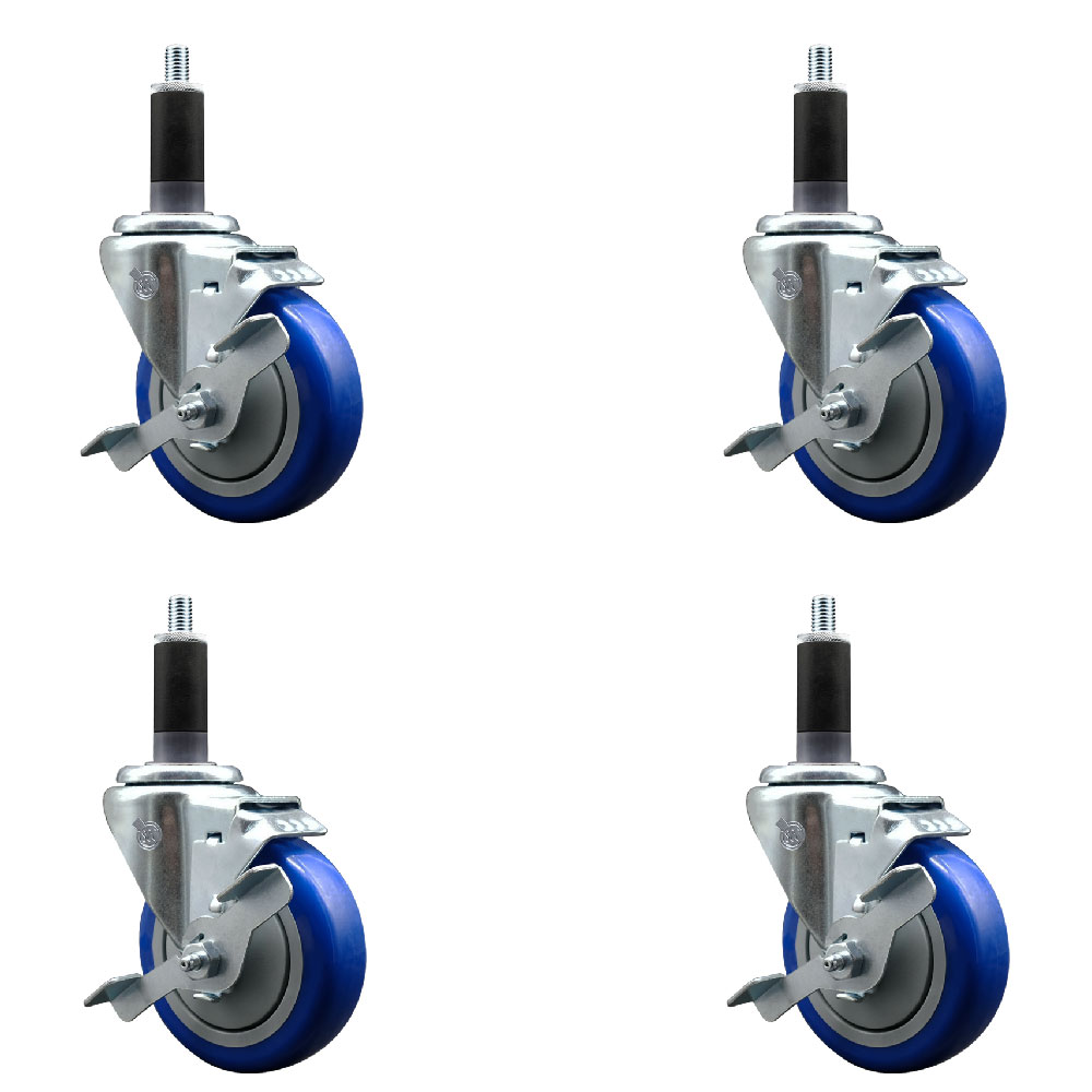 Stainless Steel Polyurethane Swivel Expanding Stem Caster with 4 in. Blue Wheels & 1.13 in. Stems 4 Swivel with Top Locking Brakes - Set of 4