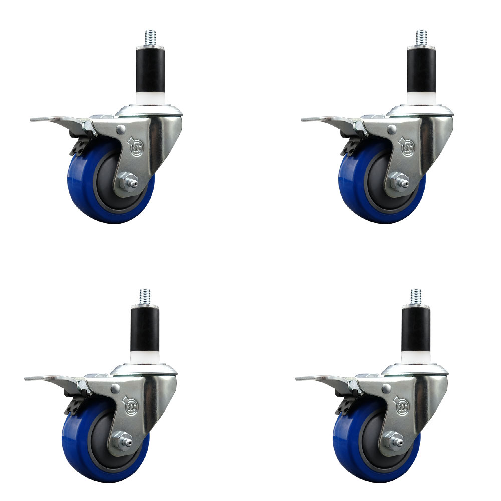 Stainless Steel Polyurethane Swivel Expanding Stem Caster with 3 in. Blue Wheels & 1.38 in. Stems 4 Swivel with Total Locking Brakes - Set of 4