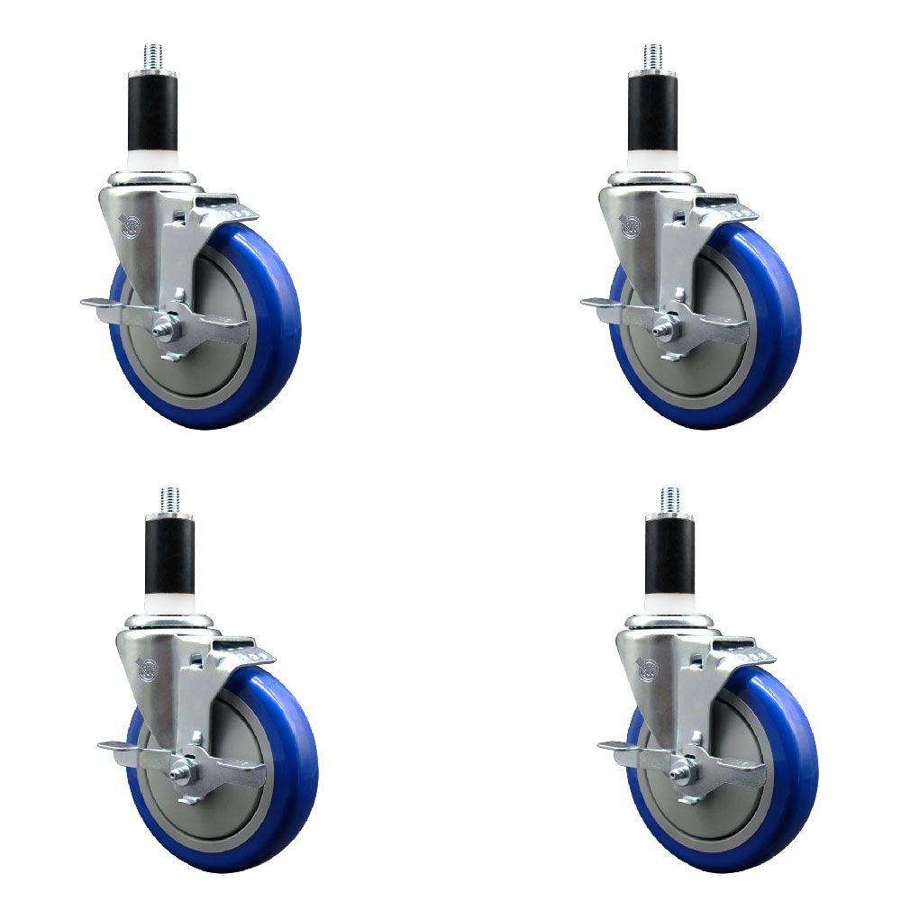 Stainless Steel Polyurethane Swivel Expanding Stem Caster with 5 in. Blue Wheels & 1.38 in. Stems 4 Swivel with Top Locking Brakes - Set of 4