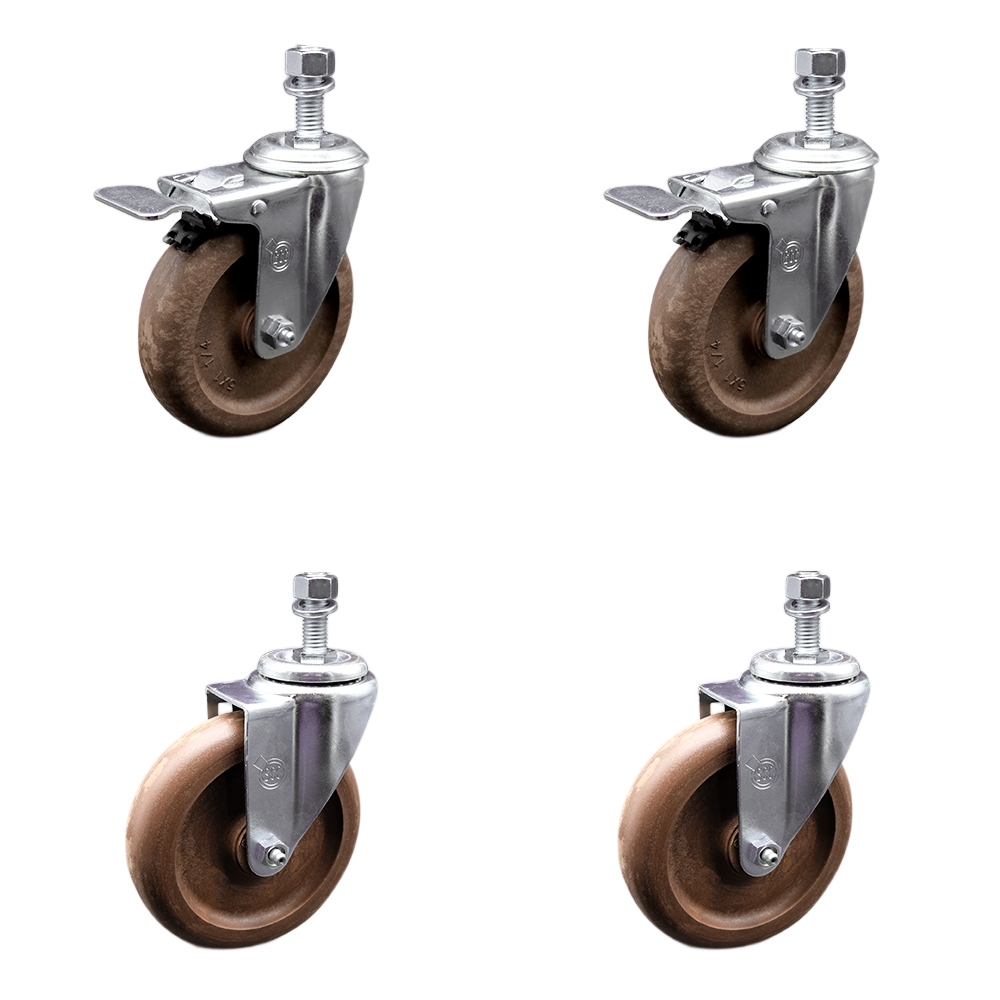 Stainless Steel High Temperature Glass Filled Nylon Swivel Threaded Stem Caster with 5 x 1.25 in. Brown Wheels & 0.5 in. Stems - Set of 4