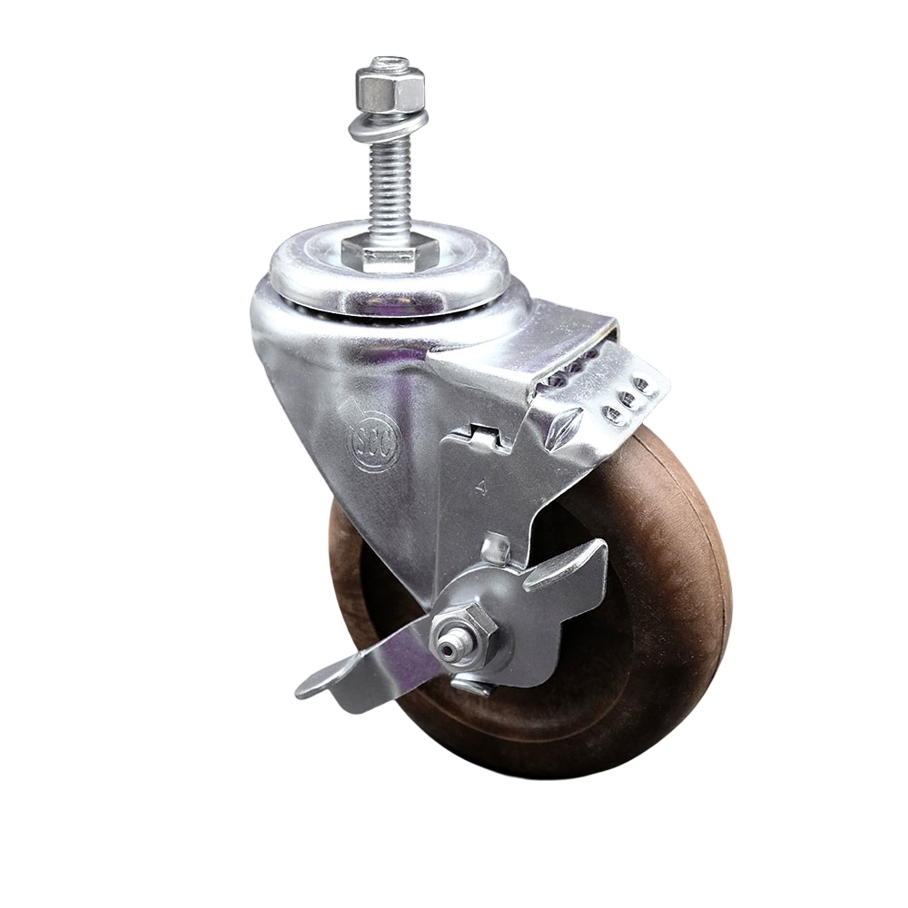 High Temperature Glass Filled Nylon Swivel Threaded Stem Caster with 4 x 1.25 in. Brown Wheel & 0.38 in. Stem & Top Locking Brake