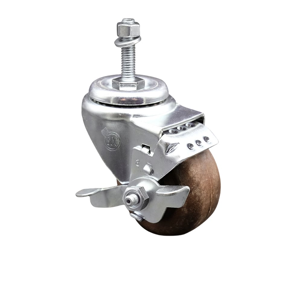 Stainless Steel High Temperature Glass Filled Nylon Swivel Threaded Stem Caster with 3 x 1.25 in. Brown Wheel & 0.38 in. Stem & Top Locking Brake
