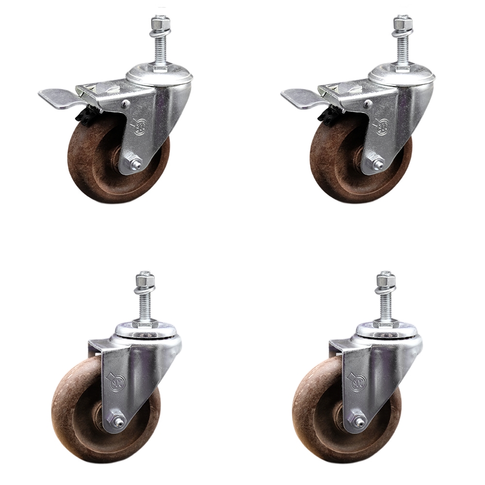 Stainless Steel High Temperature Glass Filled Nylon Swivel Threaded Stem Caster with 4 x 1.25 in. Brown Wheels & 0.38 in. Stems - Set of 4